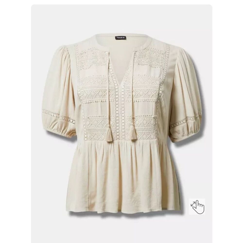 NWT torrid Cream Lace-Trim Boho Crinkle Gauze Peplum Blouse - Size 1 - Picture 6 of 13